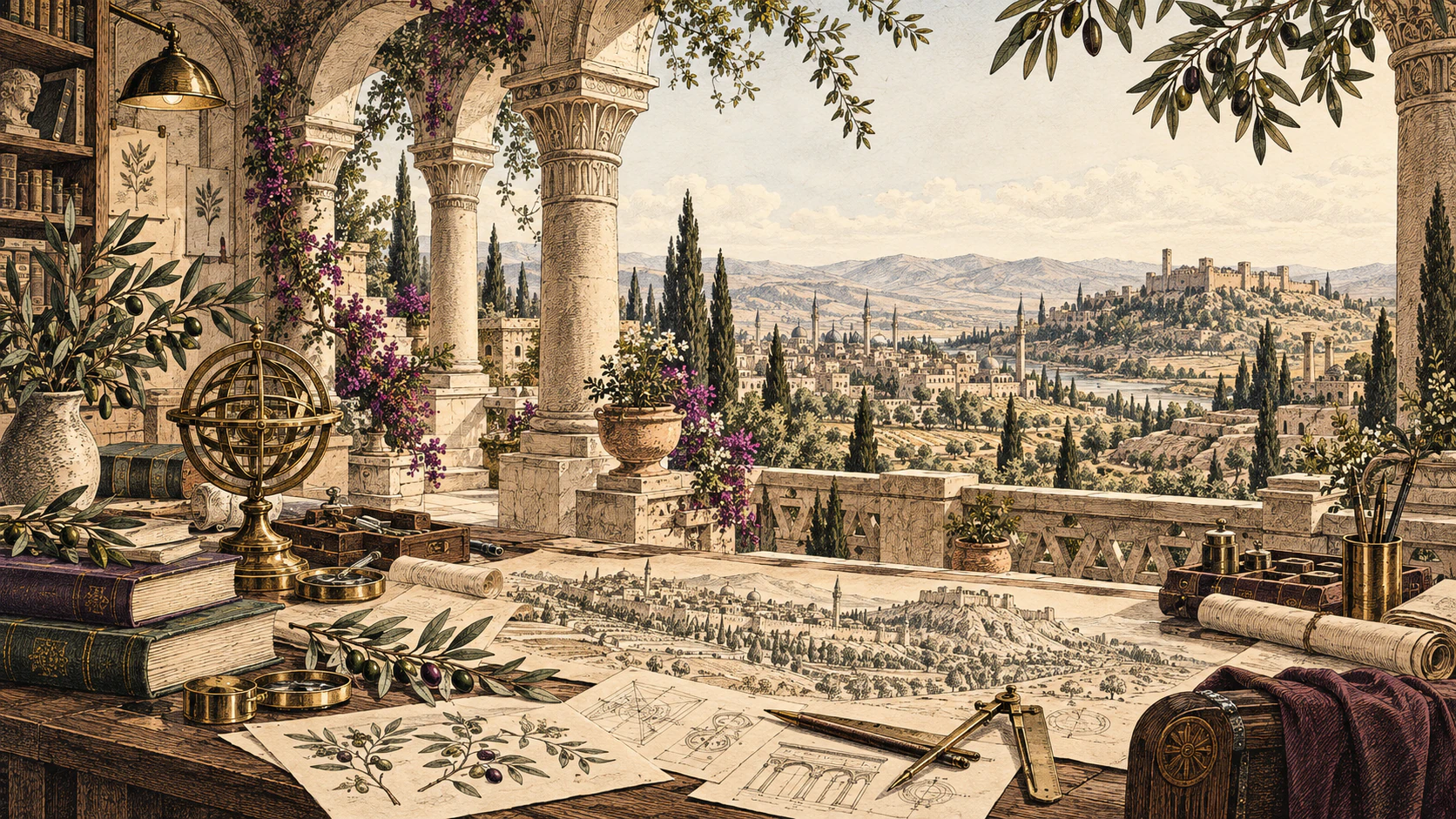 Tuschezeichnung: eine Terrasse mit Bögen und Säulen über einer Stadt mit Zitadelle; auf dem Tisch Zeichnungen, Olivenzweige und ein Zirkel.