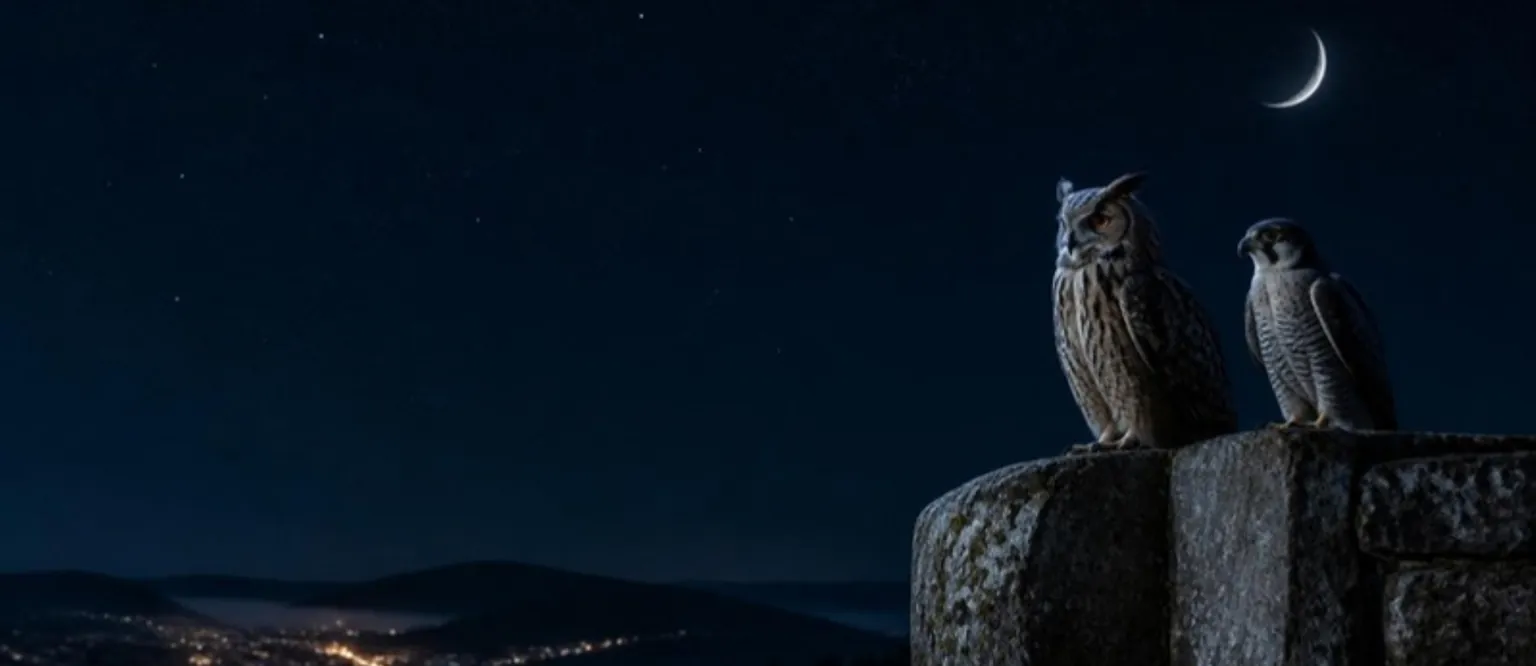 An eagle-owl and a peregrine falcon on a sandstone wall at night, with a crescent moon and stars above