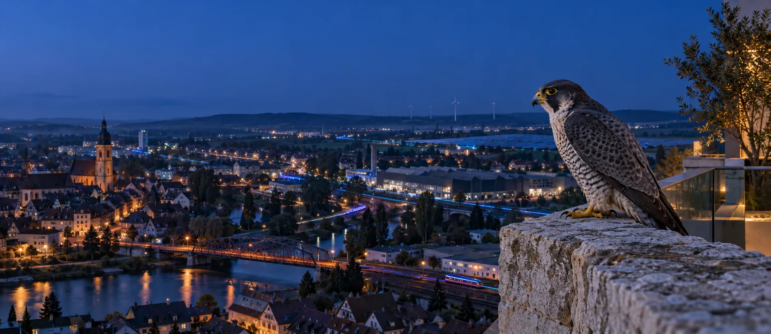 A peregrine falcon above a Franconian town before dawn